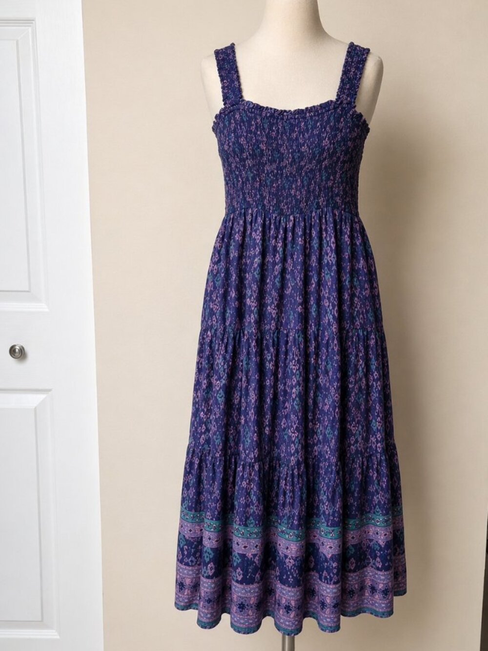 Boho Maxi Dress Purple Blue Tribal Print Smocked Strappy Summer Festival L